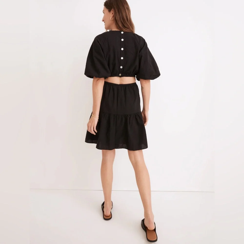 Madewell Seersucker Puff-Sleeve Cutout Dress Black Ruffle Hem A Line Size XL.
